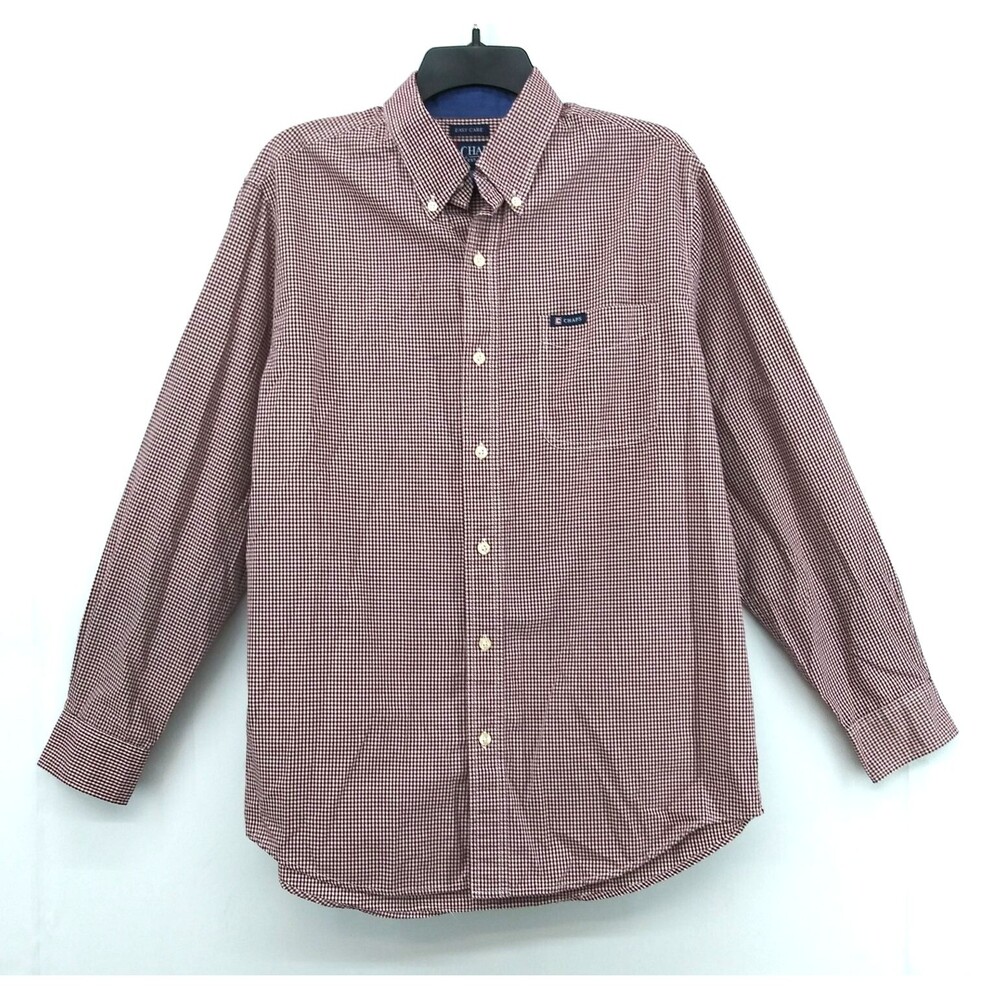 Chaps Dress Shirt Men Size M Burgundy Check Long Sleeve Easy Care Button Up